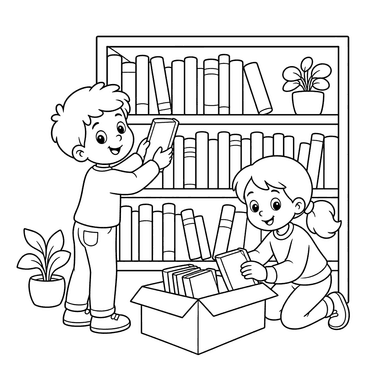 Library Coloring Page: Kids Shelving Books