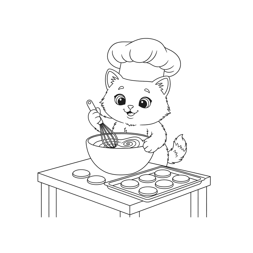 Kitten Baking Cookies Coloring Page