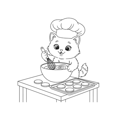 Kitten Baking Cookies Coloring Page