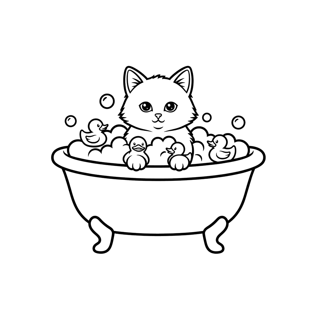 Kitten Bubble Bath Coloring Page