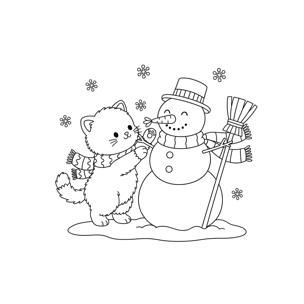 Kitten Building a Snowman Coloring Page