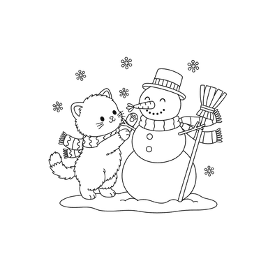 Kitten Building a Snowman Coloring Page