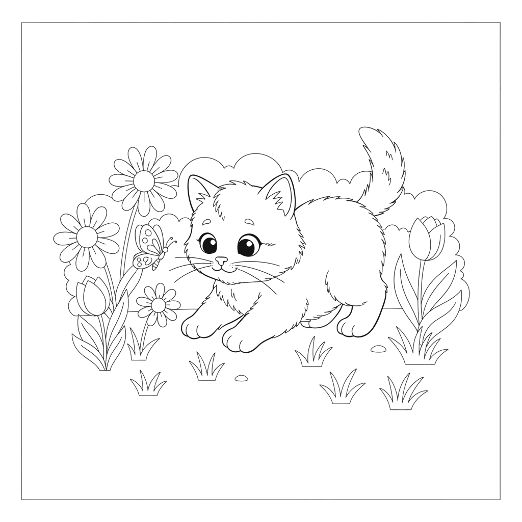 Kitten Chasing Butterfly Coloring Page