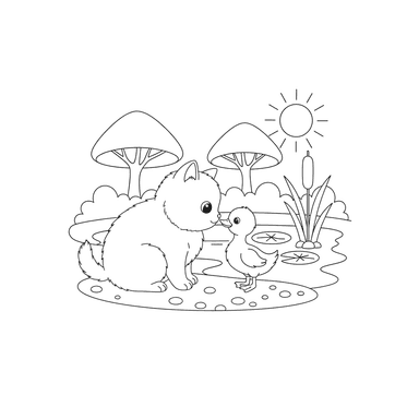 Kitten and Duck Friends Coloring Page