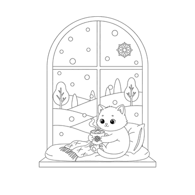 Kitten Drinking Hot Cocoa Coloring Page