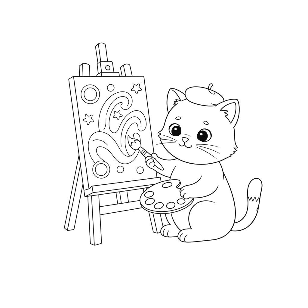 Kitten Painting at an Easel