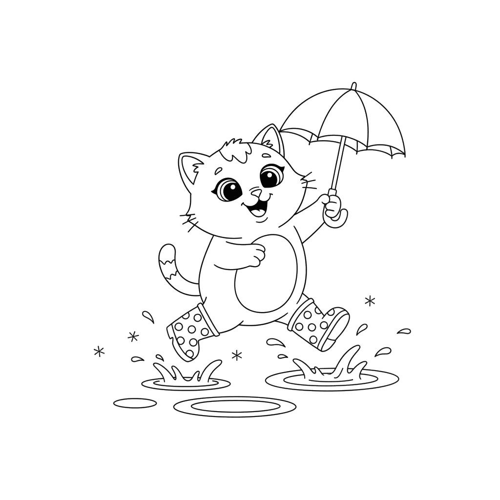 Kitten Splashing in Puddles Coloring Page