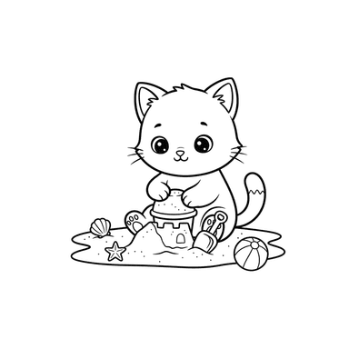 Kitten Building a Sandcastle Coloring Page