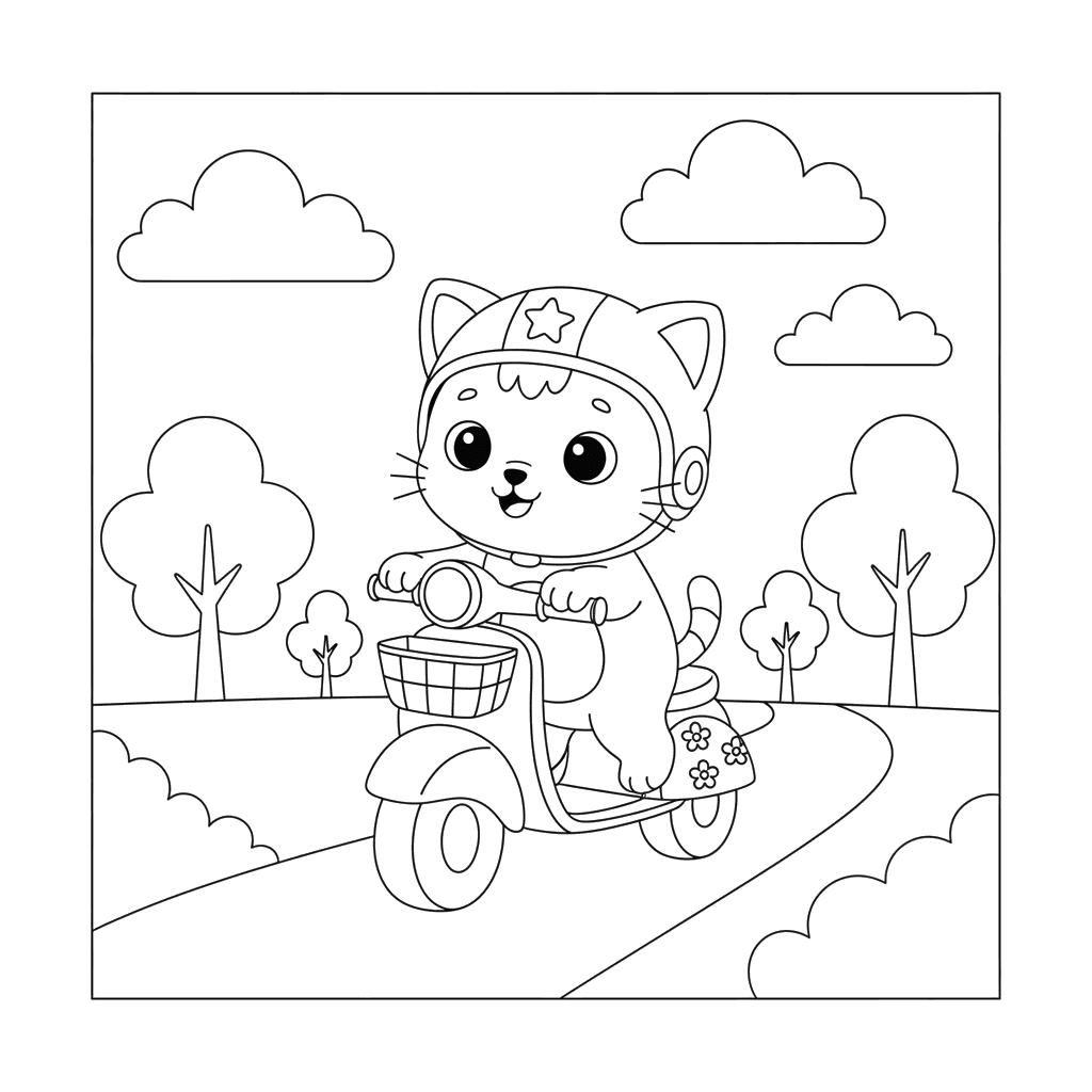 Kitten on a Scooter Coloring Page