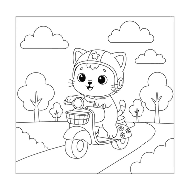 Kitten on a Scooter Coloring Page