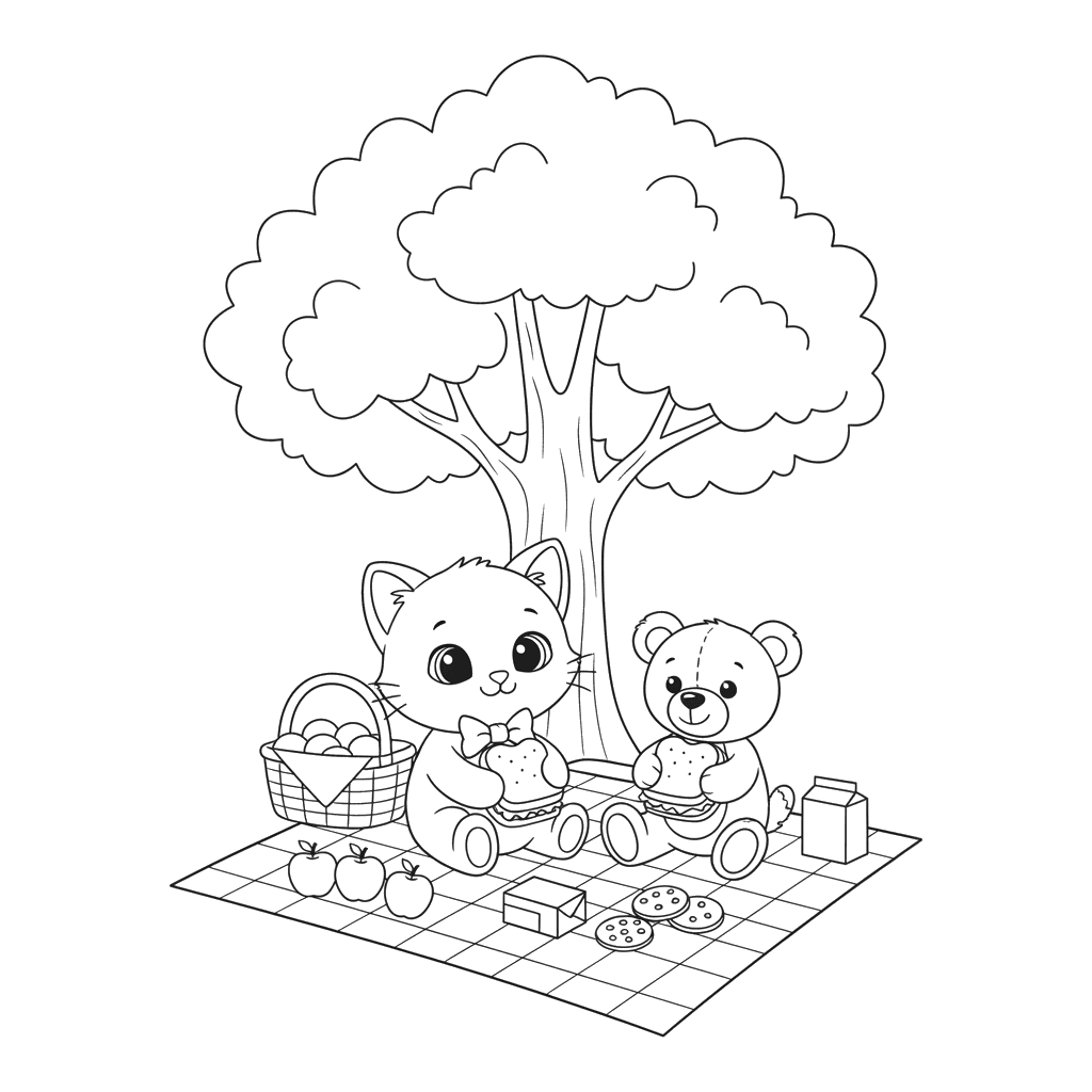 Cute Kitten Picnic with Teddy Bear Coloring Page