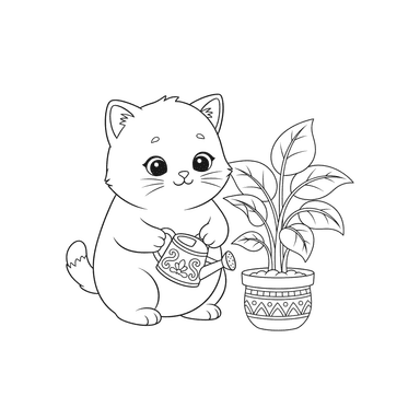 Kitten Watering Plants Coloring Page