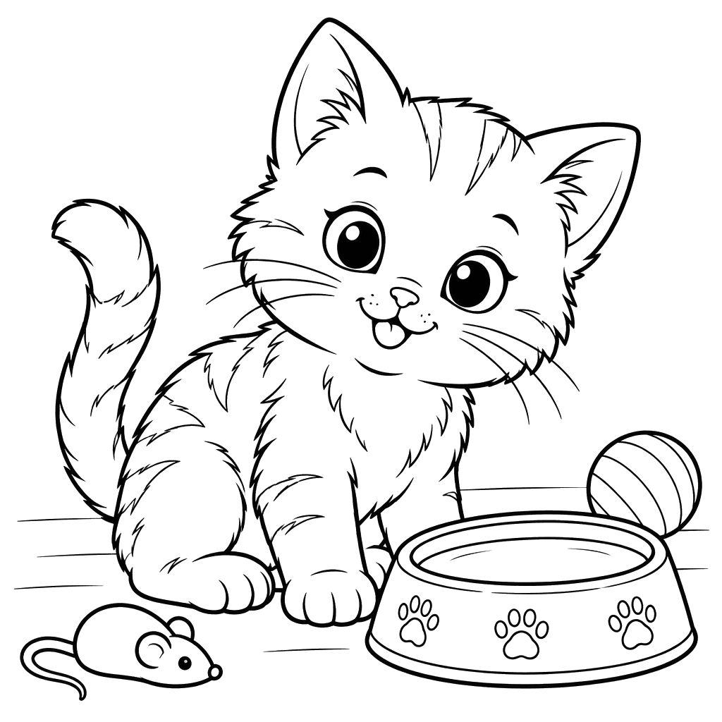 Kitten by a Bowl of Milk Coloring Page