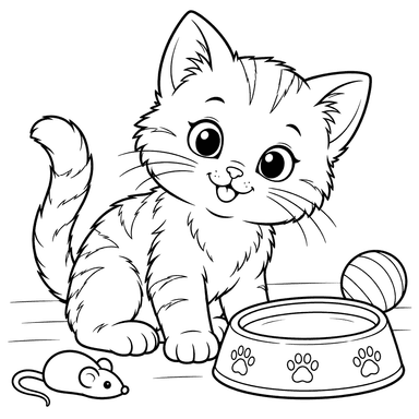 Kitten by a Bowl of Milk Coloring Page