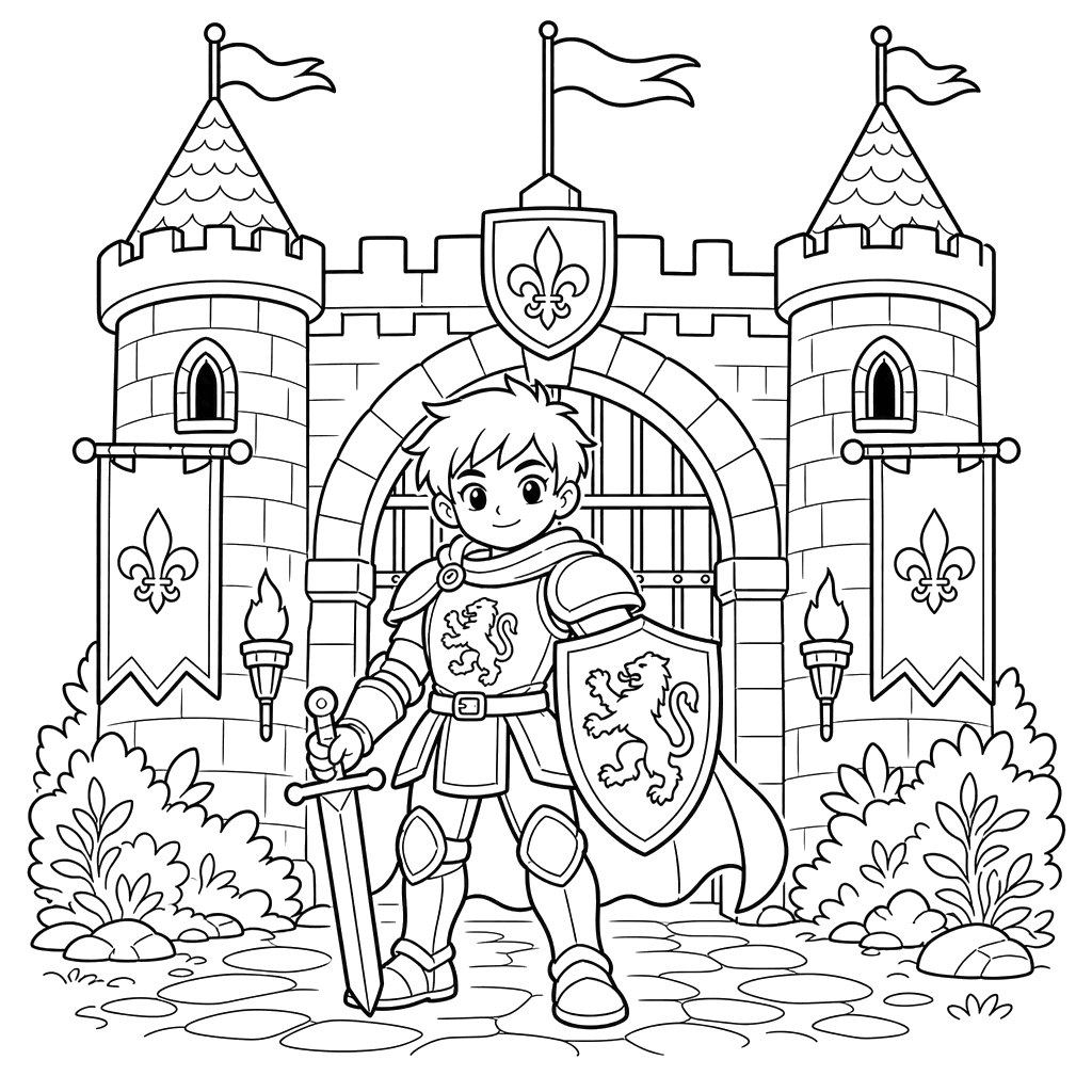 Knight at Castle Gates Coloring Page
