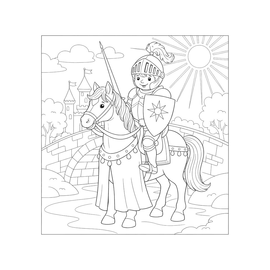 Knight on Horse by Bridge Coloring Page