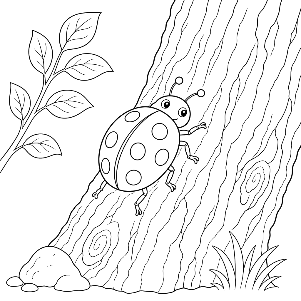 Ladybug on Tree Bark Coloring Page