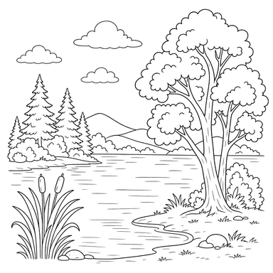 Lake and Trees Landscape Coloring Page