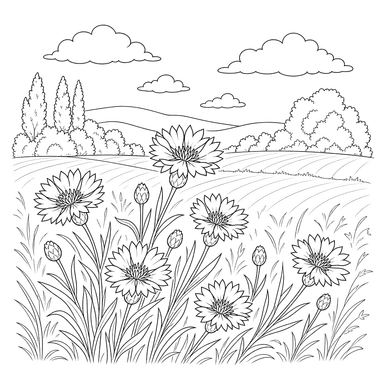 Landscape with Field and Cornflowers Coloring Page