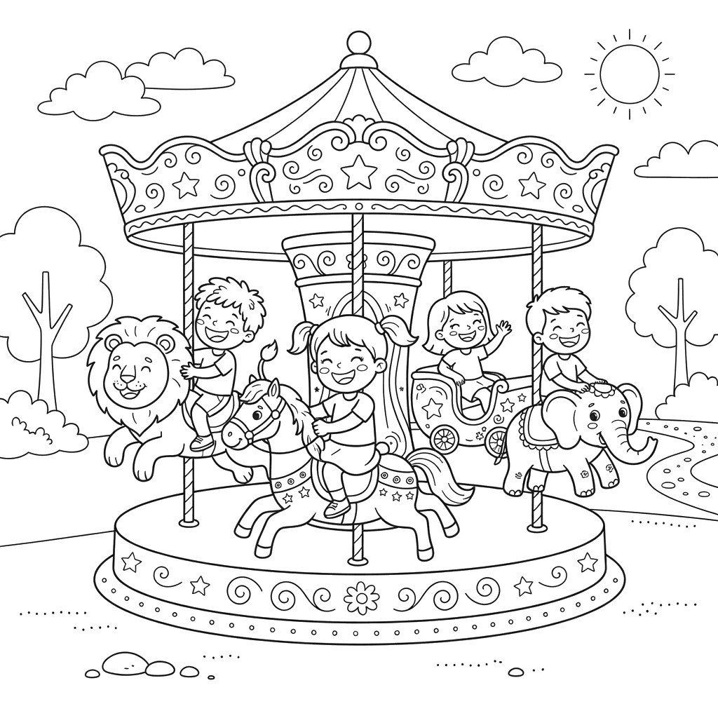 Laughing Children on a Carousel Coloring Page