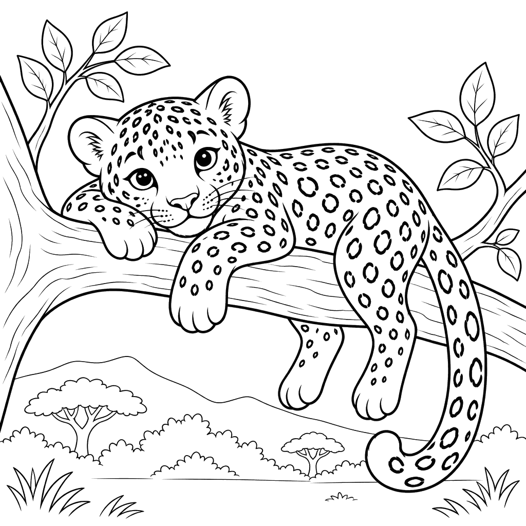 Leopard Resting on a Branch Coloring Page
