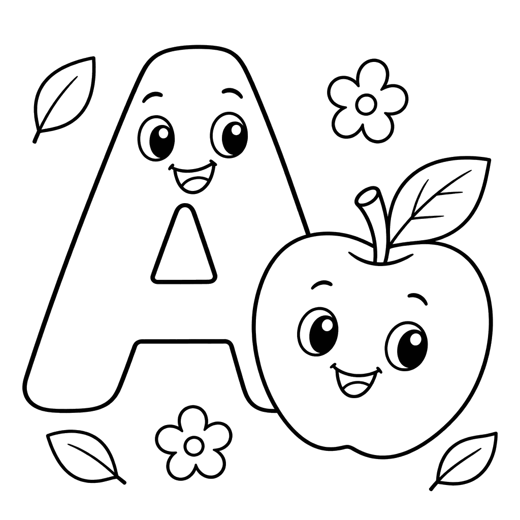 Letter A and Apple Coloring Page