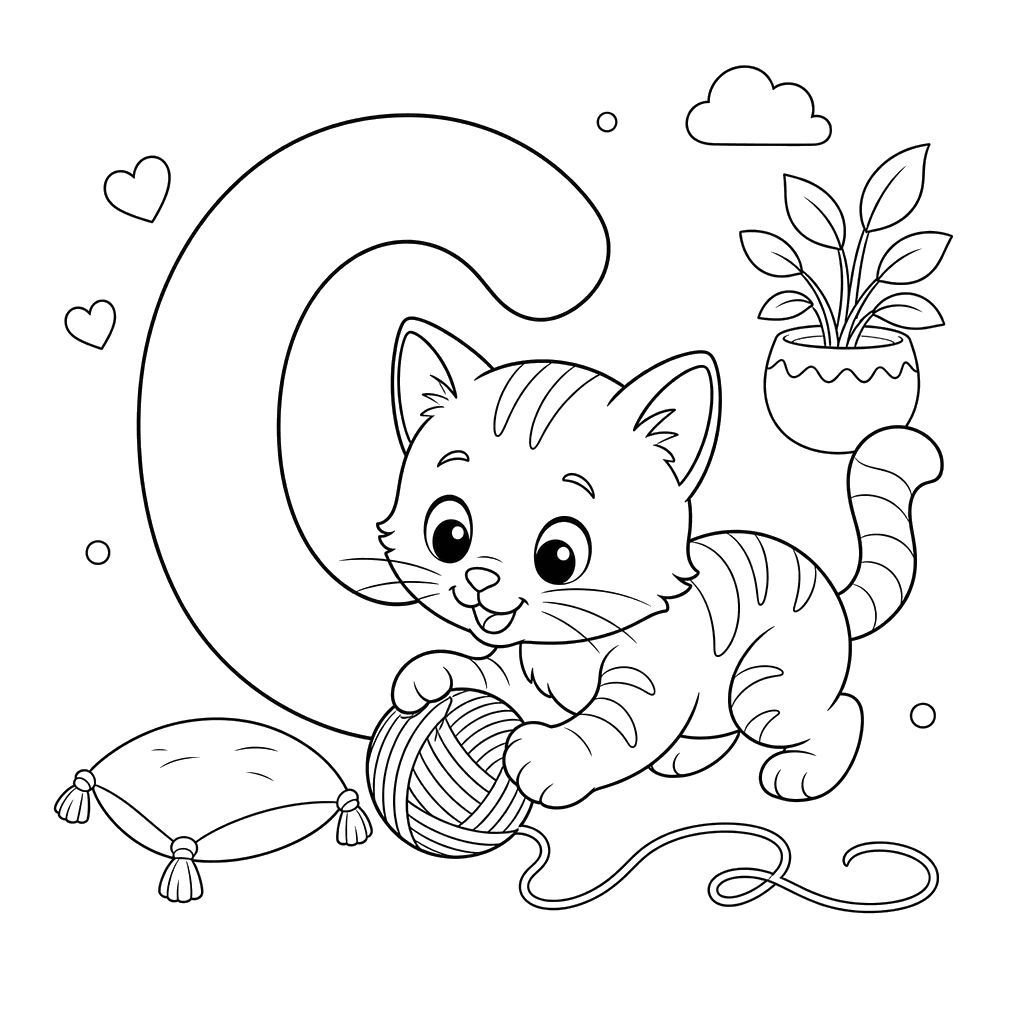 Letter C and Cat Coloring Page