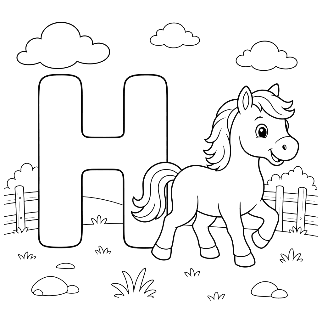 Letter H Horse Coloring Page