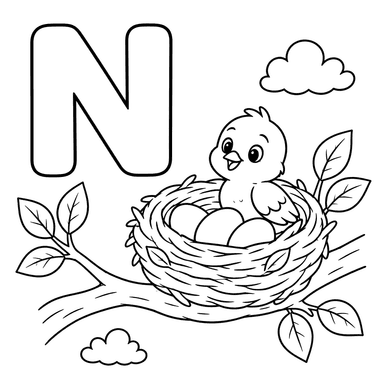 Letter N and Bird Nest Coloring Page