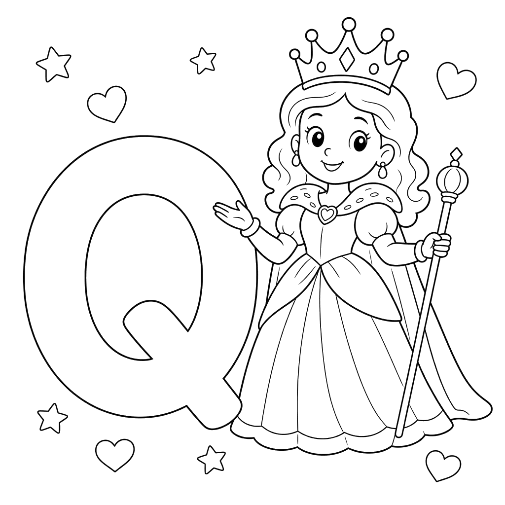 Letter Q and Queen Coloring Page