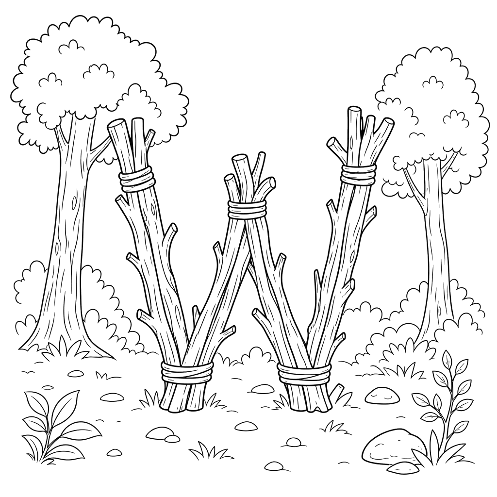 Letter W Made of Forest Branches Coloring Page