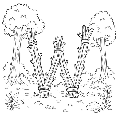 Letter W Made of Forest Branches Coloring Page