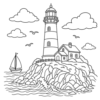 Lighthouse on a Rocky Coast Coloring Page