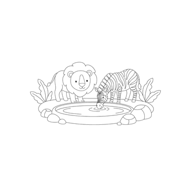 Lion and Zebra at Waterhole Coloring Page