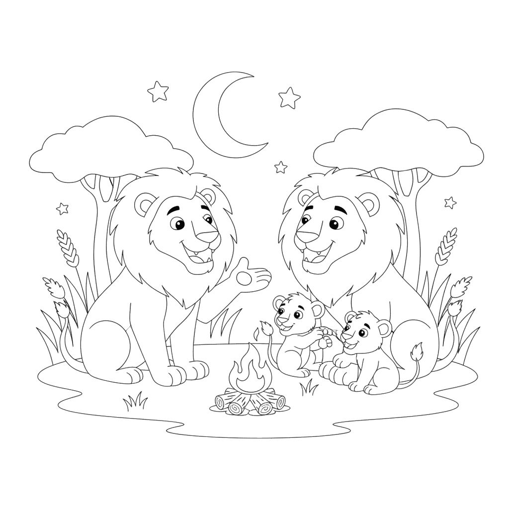 Lion Family Storytime Coloring Page