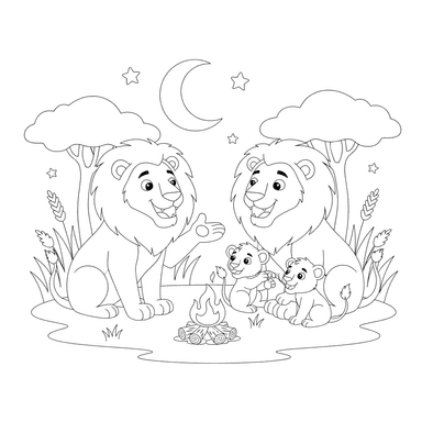 Lion Family Storytime Coloring Page