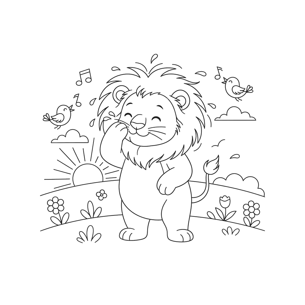Lion Morning Wash Coloring Page
