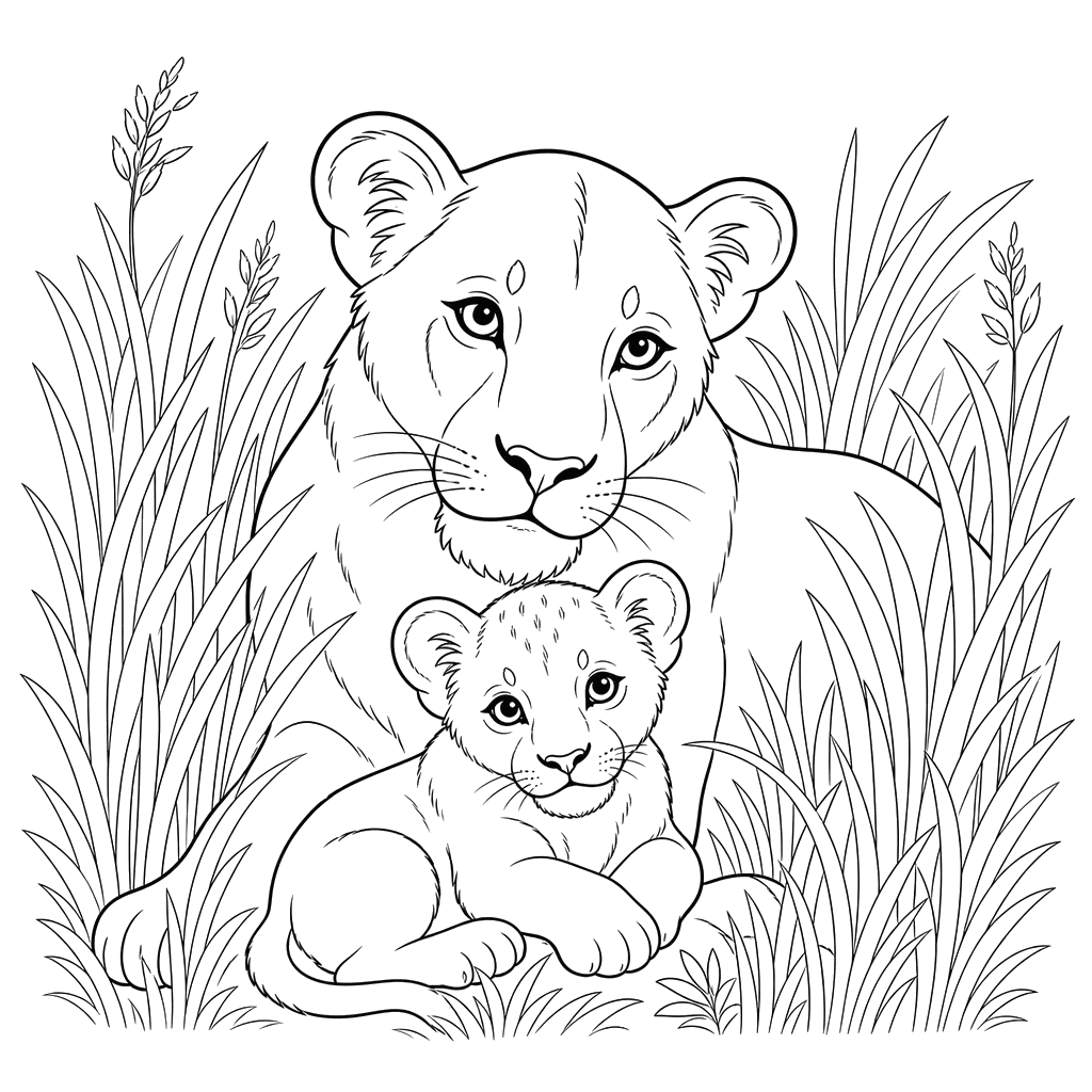 Lioness and Cub in High Grass
