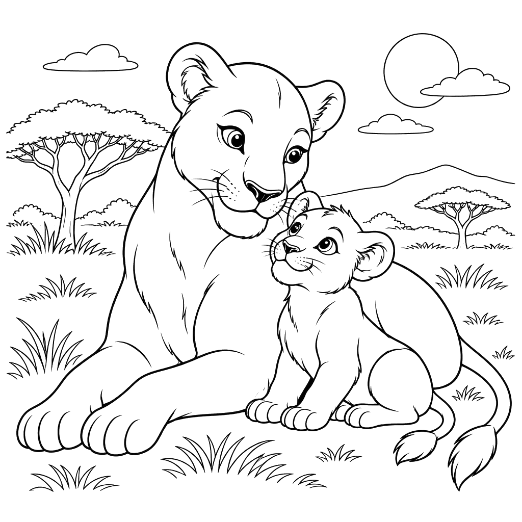 Lioness with Cub in the Savanna Coloring Page