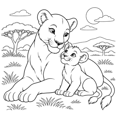 Lioness with Cub in the Savanna Coloring Page