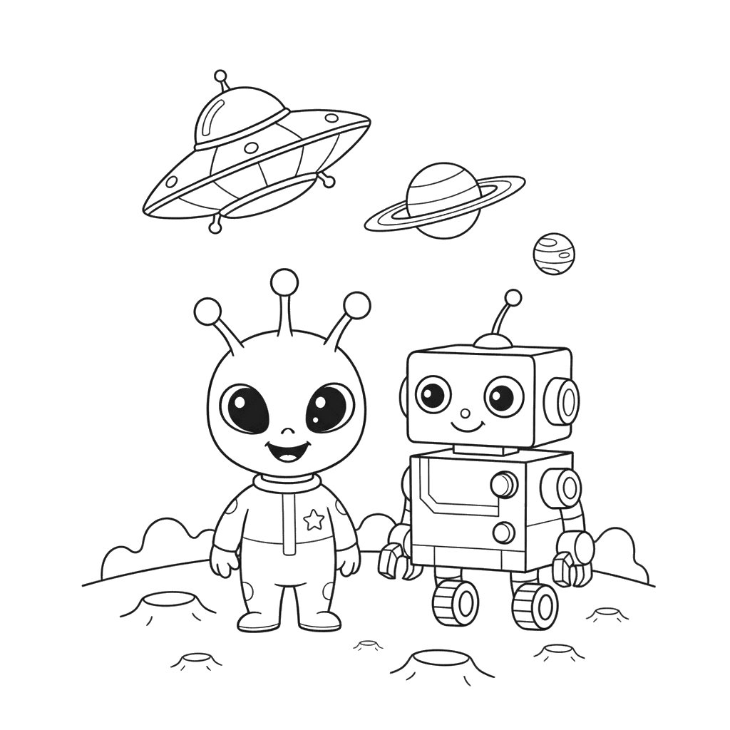 Little Alien and Robot Coloring Page