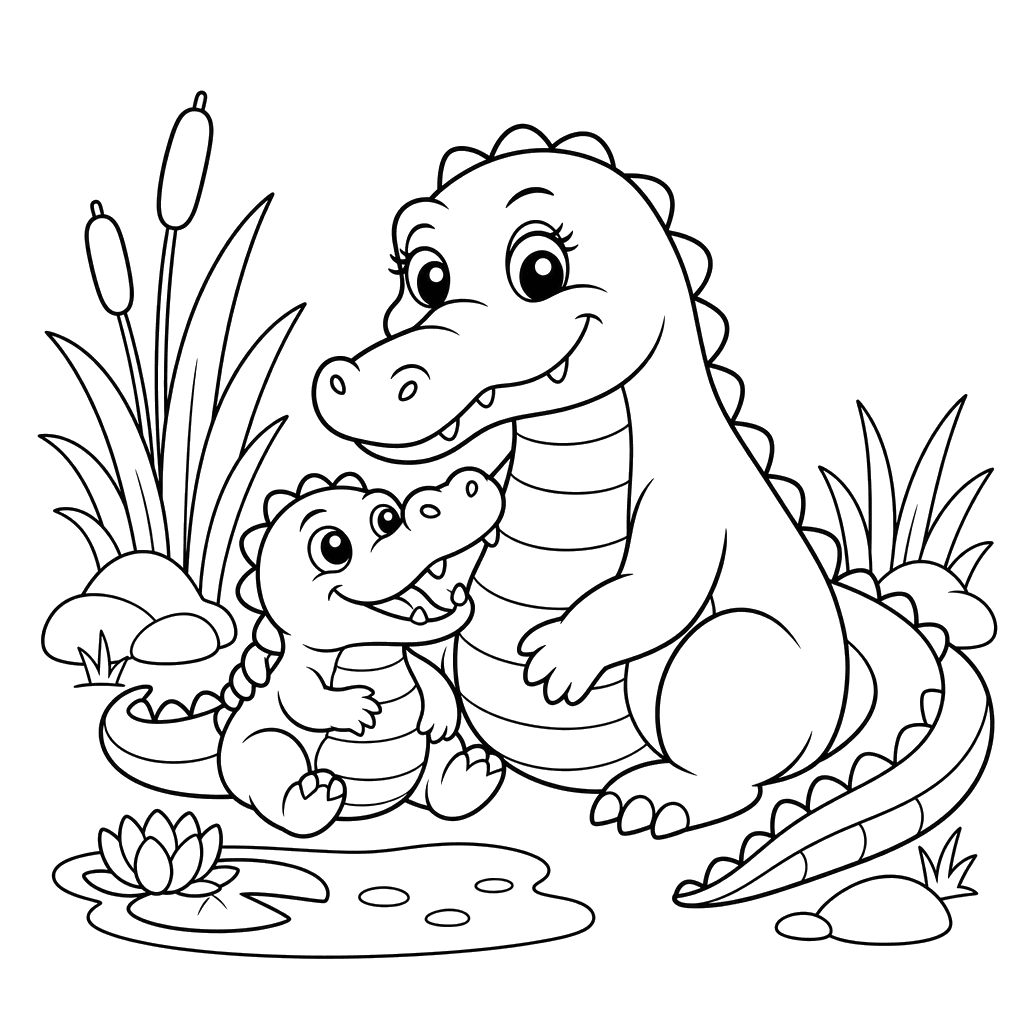 Little crocodile with mom coloring page