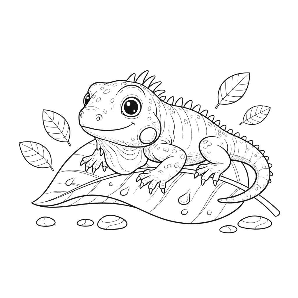 Cute Little Iguana on a Leaf Coloring Page