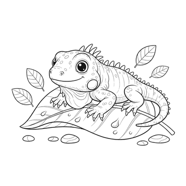 Cute Little Iguana on a Leaf Coloring Page