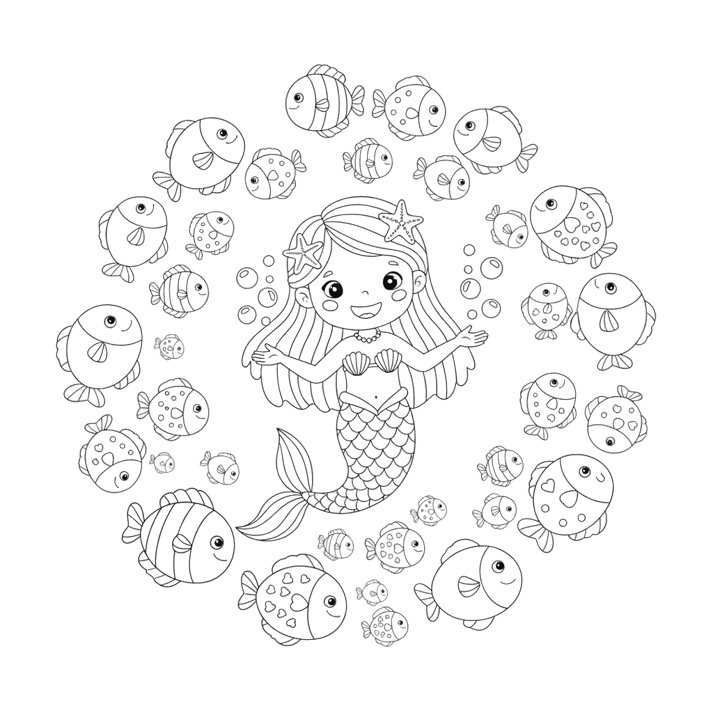 Little Mermaid Feeding Fish Coloring Page