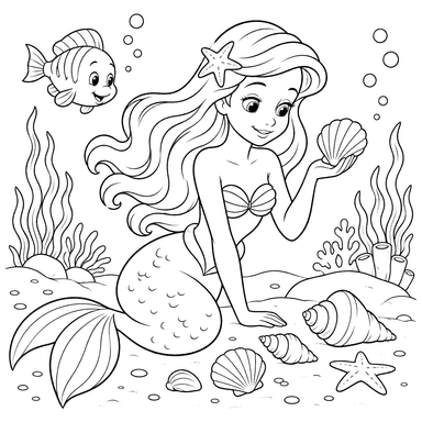 Little Mermaid Looking at Seashells Coloring Page