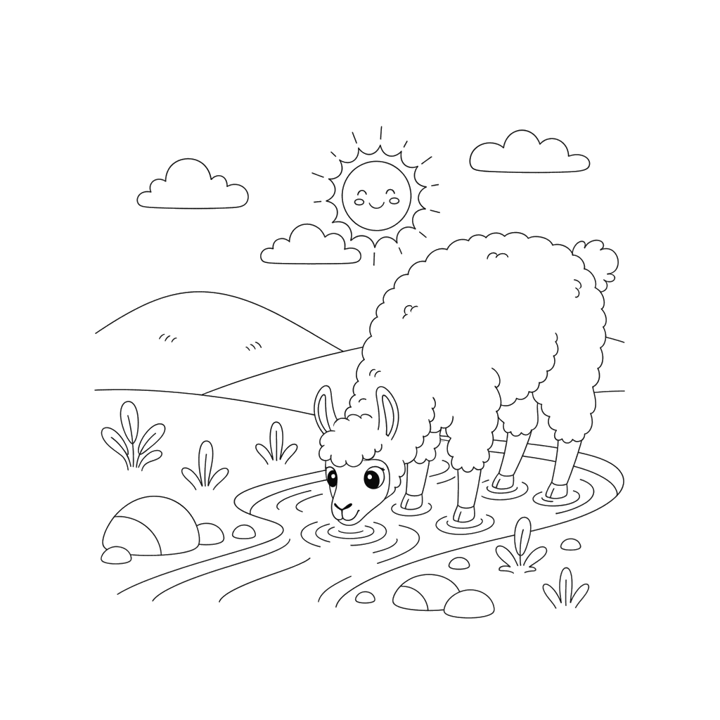 Llama Drinking Water Coloring Page