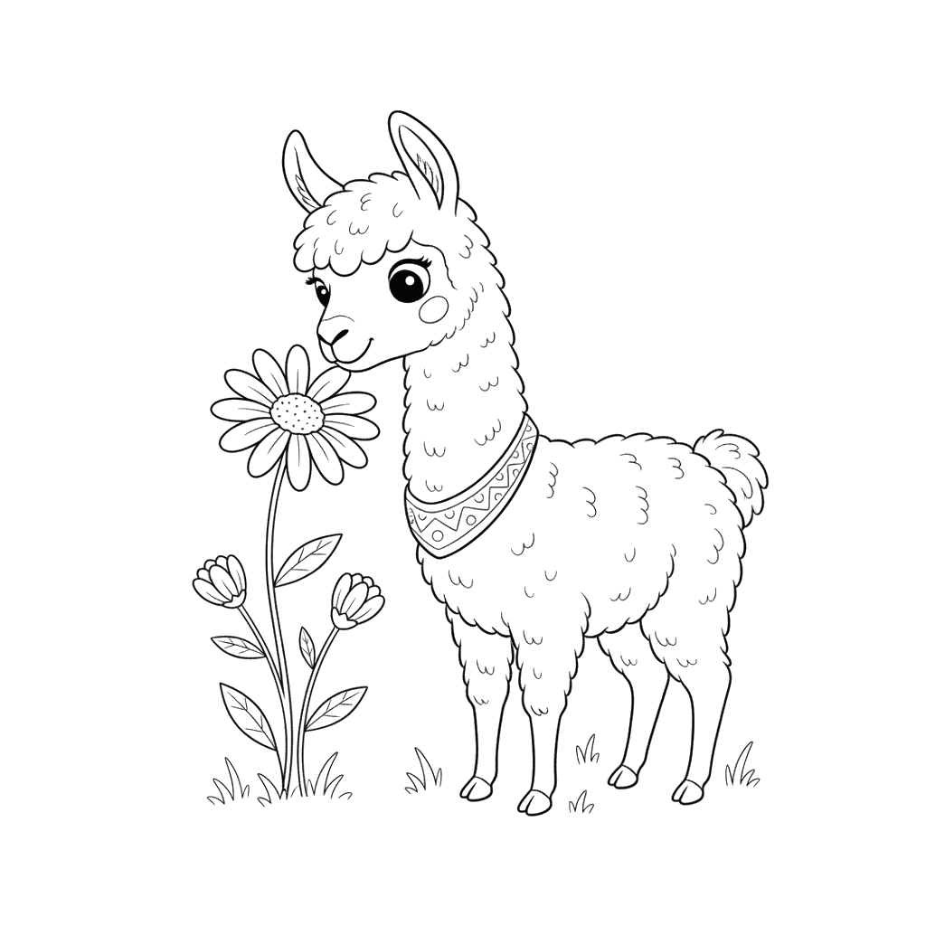 Llama Sniffing a Flower Coloring Page