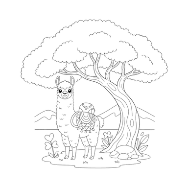 Llama Under a Tree Coloring Page