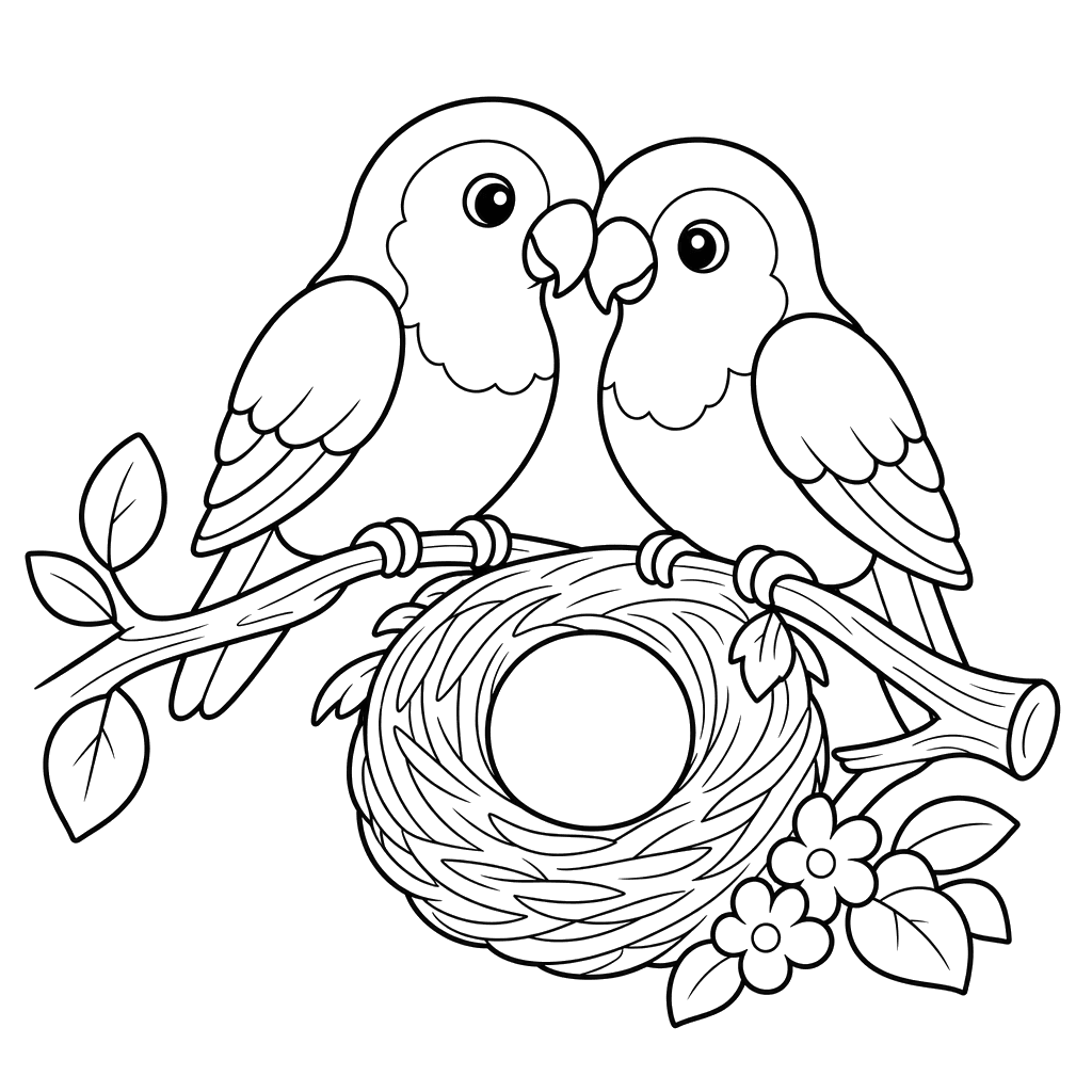 Lovebirds at a Nest Coloring Page